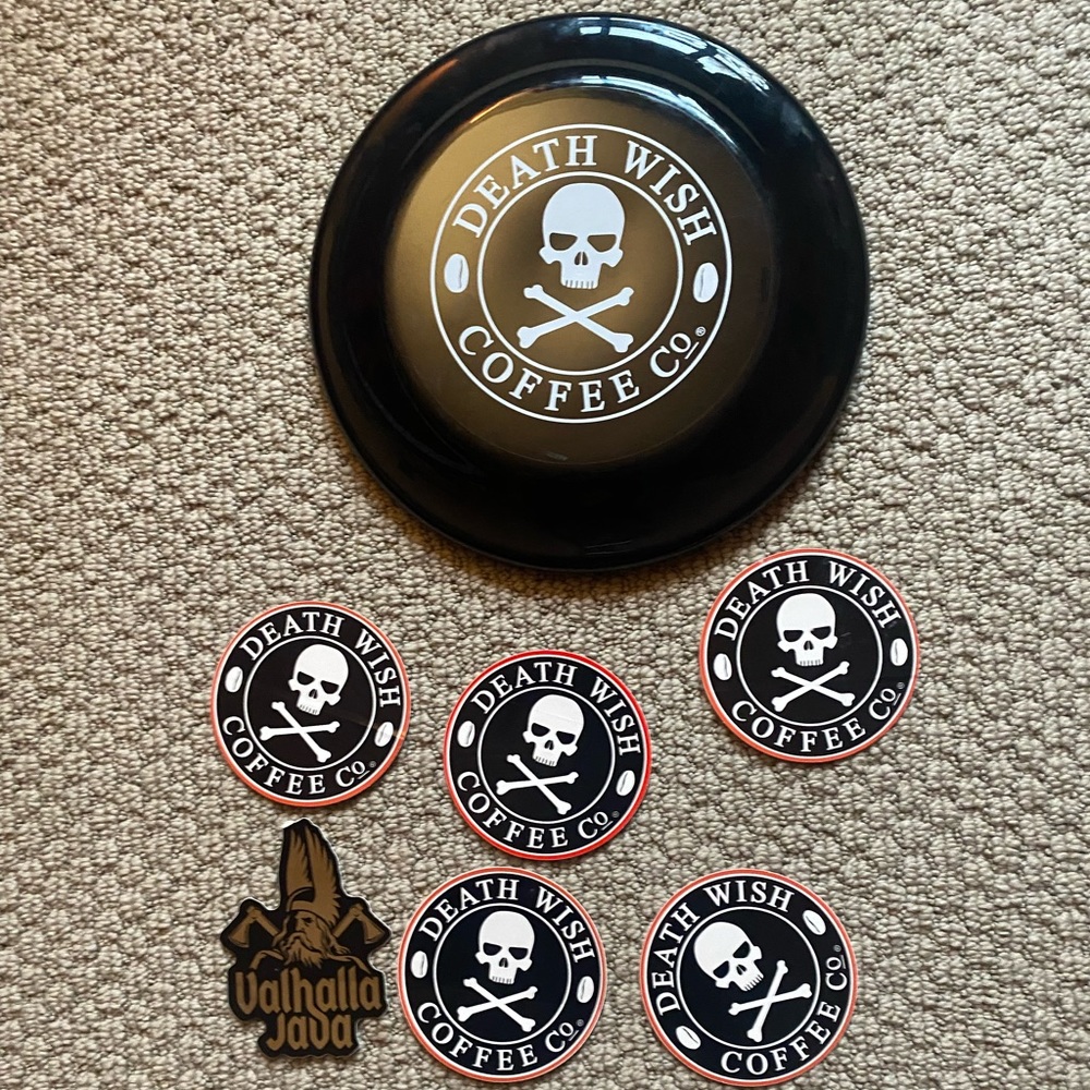 Death Wish Coffee frisbee and stickers